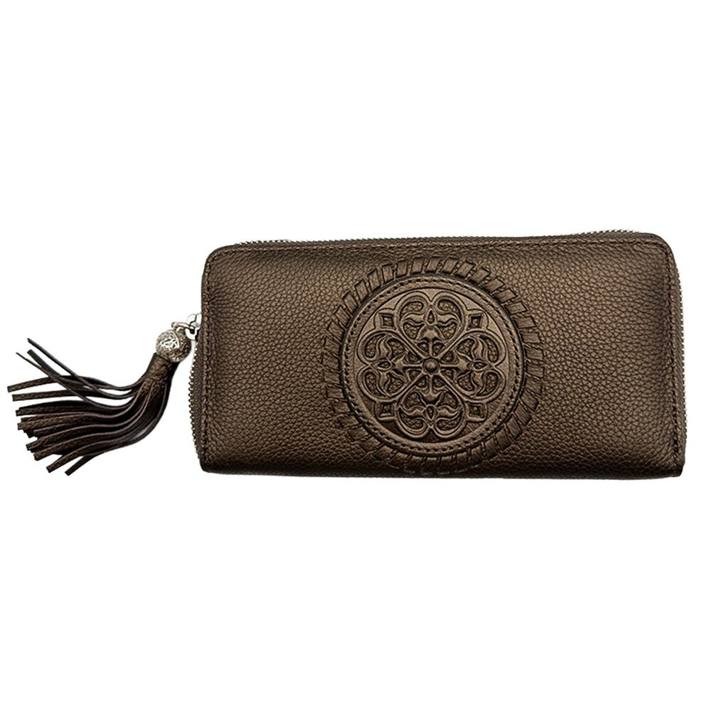 Brighton Ferrara Medallion Brown Leather Zip Around Wallet with Crossbody Strap